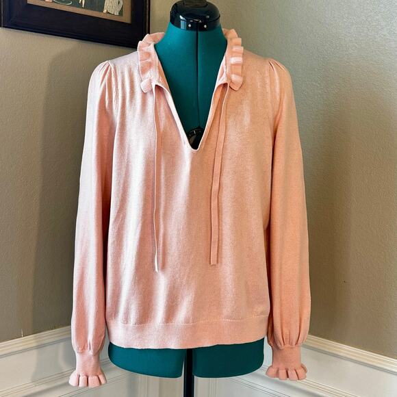 Boden Pink Ruffle Trim Tie-Neck Sweater Women’s Medium Soft Knit Pullover | Fall - Picture 4 of 8
